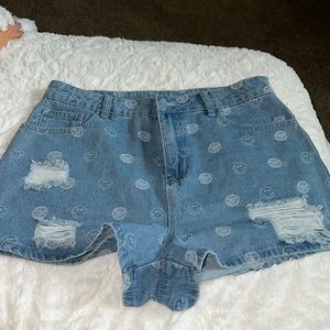 Smiley Face Distressed Denim Shorts